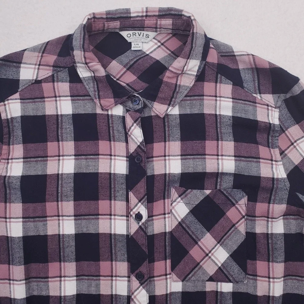 Orvis Shirt Womens Large Blue Pink Flannel Plaid Tartan Lightweight Camp Cabin